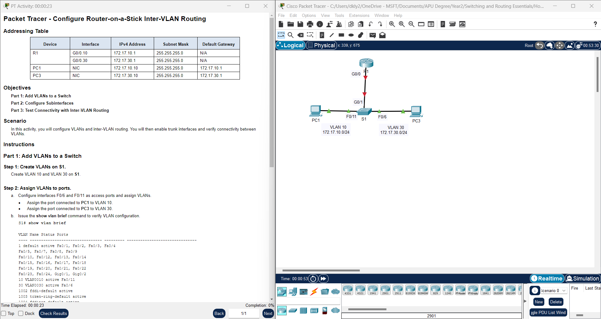 4.2.7 Packet Tracer - Configure Router-on-a-Stick Inter-VLAN Routing